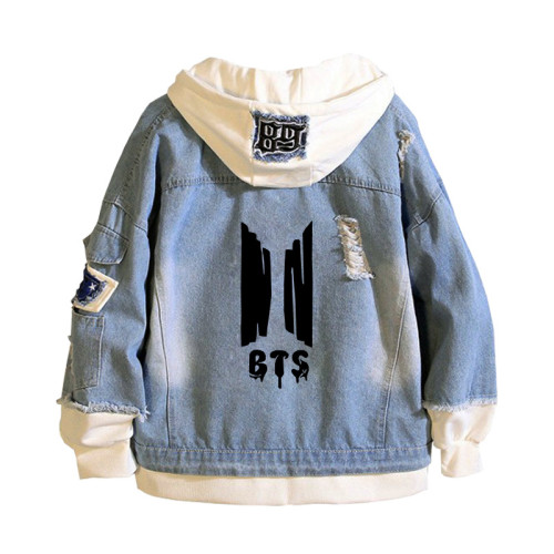 BTS Fashion Jean Jacket Fake Two Pieces Hooded Demin Zipper Jacket Coat