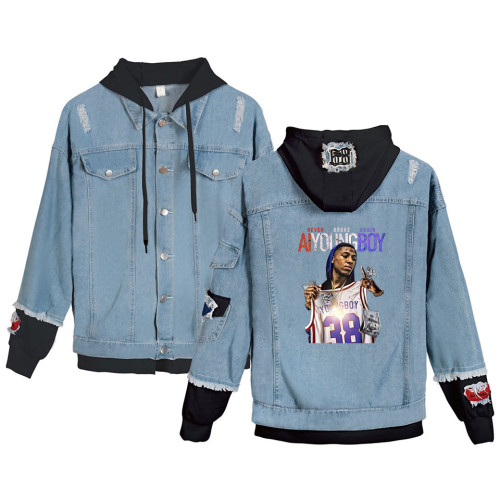 YoungBoy Never Broke Again Denim Jacket Hooded Winter Fall Jacket Coat Fake Two Piece Casual Outfit