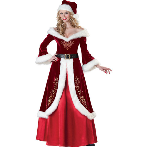Christmas Santa Claus Female Cosplay Costume Dress Full Set With Hat Xmas Women Cosplay Long Dress