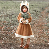 Christmas Kids Girls Reindeer Cosplay Dress Costume Flannel Warm Outfit