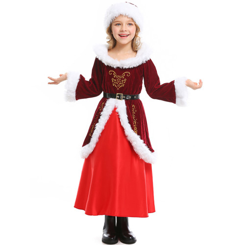 Christmas Kids Gilrs Santa Claus Costume Whole Set Xmas Cosplay Long Dress