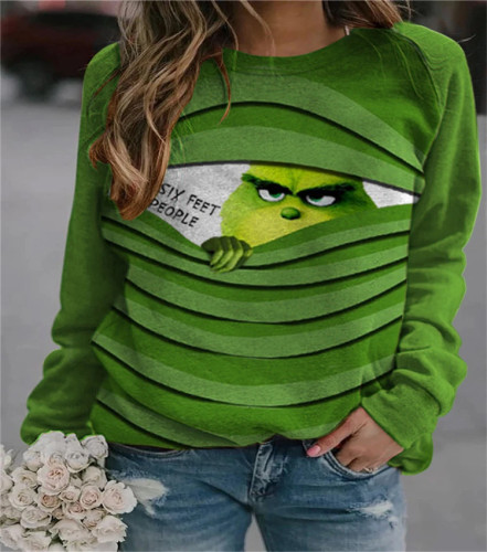 Christmas Women Roundneck Shirt Long Sleeve Casual Tops With Grinch Print