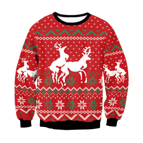 Christmas Deer Print Red Sweatshirt Unisex Long Sleeve Pullover Xmas Fun Tops