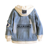 Blackpink Fashion Jean Jacket Unisex Fake Two-piece Hooded Jean Coat
