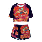 Friday Night Funkin Summer Trendy Girls Women 2 Pieces Crop Top Shirt and Shorts Suit