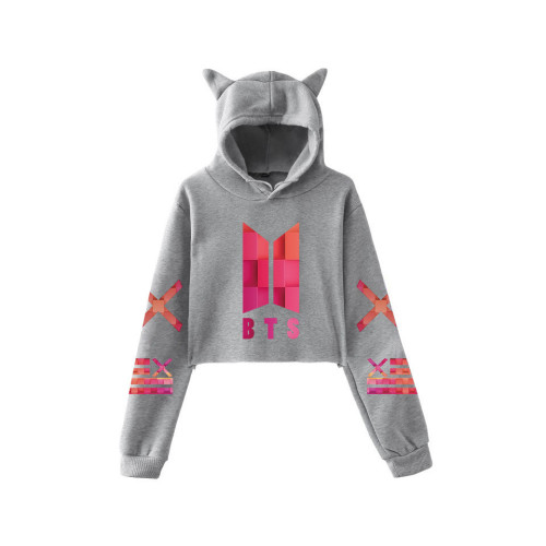 BTS Fashion Hoodie Cute Cat Ear Crop Top Girls Women Hooded Sweatshirt