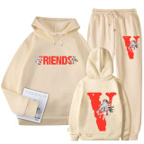 Vlone FRIENDS Print 2 pcs Sweatsuit Set Casual Hoodie and Sweatpants Sports Suit For Men Women