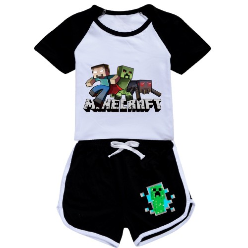 Kids Boys Girls Minecraft Short Sleeve T-shirt and Shorts Set Summer Shorts Suit Set