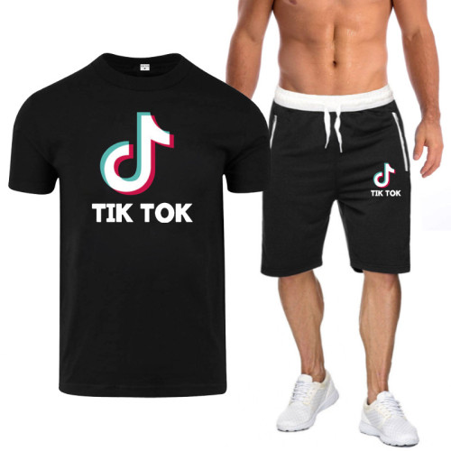 Tik Tok Fashion Print Casual Summer T-shirt and Shorts 2 PCS Set For Men