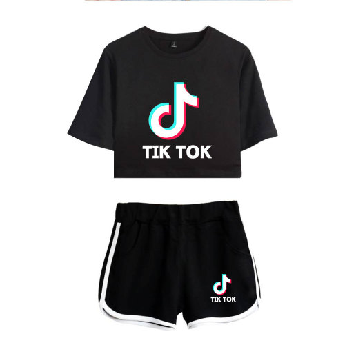 Tik Tok Fashion Suits Girls Women Crop Top Tee and Shorts 2 PCS Set