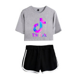 Tik Tok Fashion Suits Girls Women Crop Top Tee and Shorts 2 PCS Set