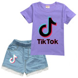 Tik Tok Kids Boys Girls Short Sleeve T-shirt And jeans 2PCS Set