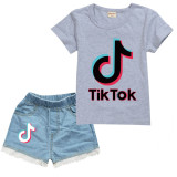 Tik Tok Kids Boys Girls Short Sleeve T-shirt And jeans 2PCS Set