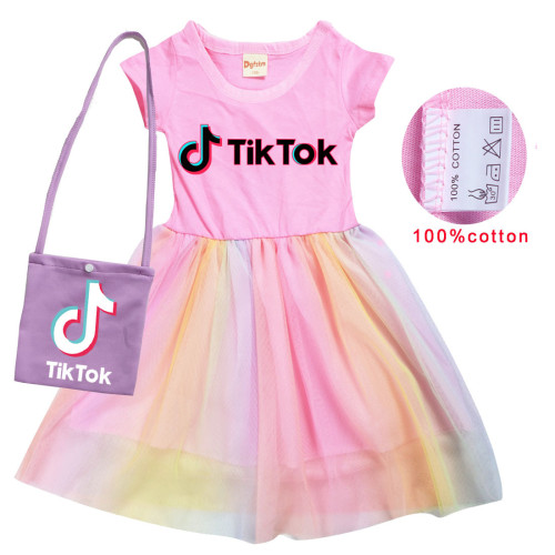 Tik Tok Kids Girls Fashion Summer Short Sleeve Dress With Bag