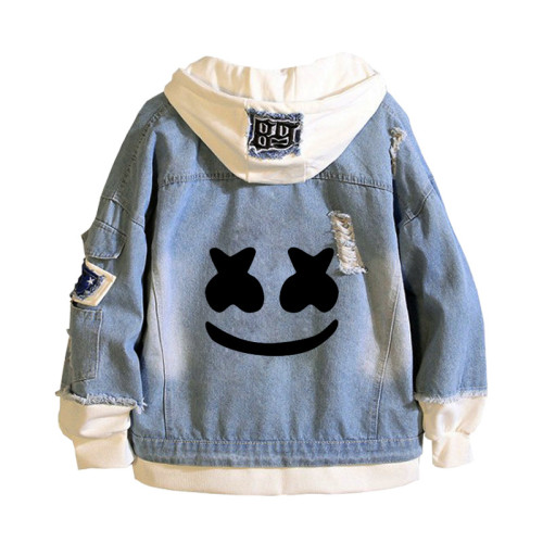 Marshmello Youth Adults Fake Two Piece Jean Jacket Trendy Hooded Denim Jacket Coat Outfit