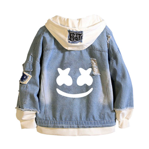 Marshmello Youth Adults Fake Two Piece Jean Jacket Trendy Hooded Denim Jacket Coat Outfit