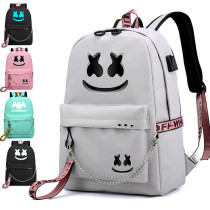 Marshmello Fashion Chains Bag Girls Boys Casual School Backpack With USB Charging Port