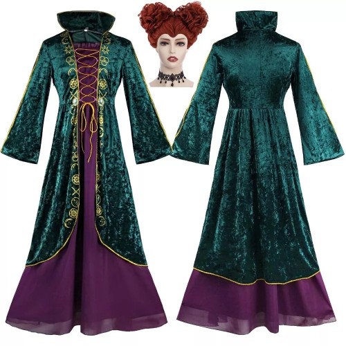 Hocus Pocus Winifred Sanderson Cosplay Costume Dress With Wigs Hallween Cosplay Costume Set For Kids and Adults