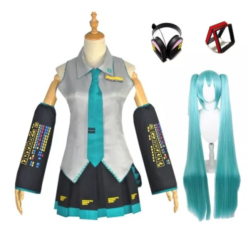 Halloween Vocaloid Hatsune Miku Cosplay Costume With Wigs and Headphones Props Whole Set For Youth and Adults