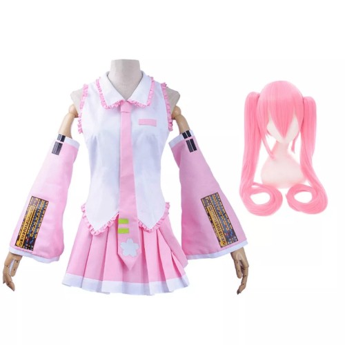Vocaloid Hatsune Miku Pink Costume Dress With Wigs Full Set Halloween Cosplay Costume Set