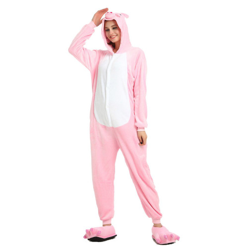 Kigurumi Animal Onesies Cartoon Flannel Pink Pig Home Wear Hoodie Pajamas