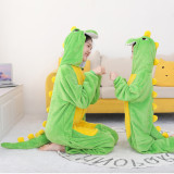 Kids Adults Kigurumi Animal Onesies Green Dinosaur Flannel Hooded Pajamas