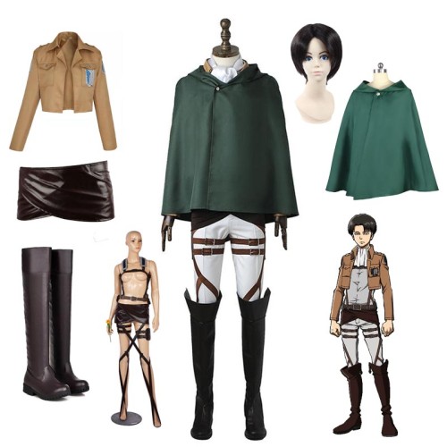 Anime Attack On Titan Shingeki no Kyojin Levi Ackerman Costume Set With Wigs and Shoes Halloween Cosplay Costume Full Set