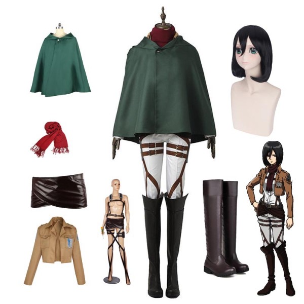 Anime Attack On Titan Shingeki no Kyojin Mikasa Ackerman Costume Uniform+Wigs+Shoes FulL Set Halloween Cosplay Costume