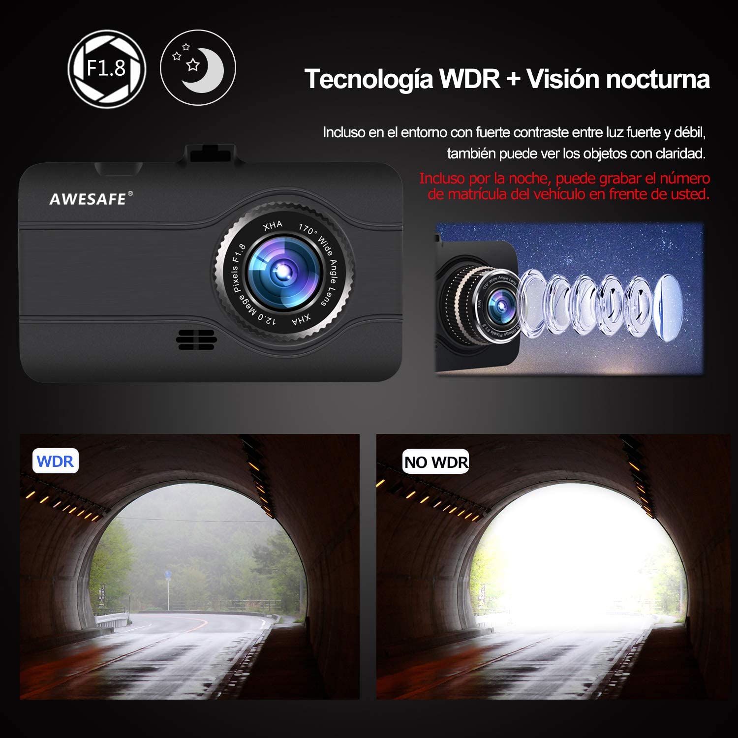 Enregistrement en Boucle 3 Lentilles 1080P Full HD Dashcam Avant Arrière avec G-Sensor Détection de Mouvement Vision Nocturne WDR 170° Grand Angle Caméra Embarquée Voiture 