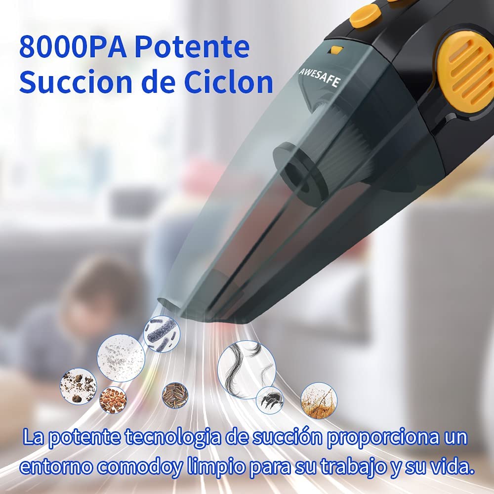 awesafe Aspirador de Mano sin Cable, Aspirador de Coche 8000PA Portatil  Seco y Húmedo 120W con Pantalla de Potencia, Aspiradora Potente de 2600mAh  para Oficina, Hogar, con 2* HEPA Filtro Lavable