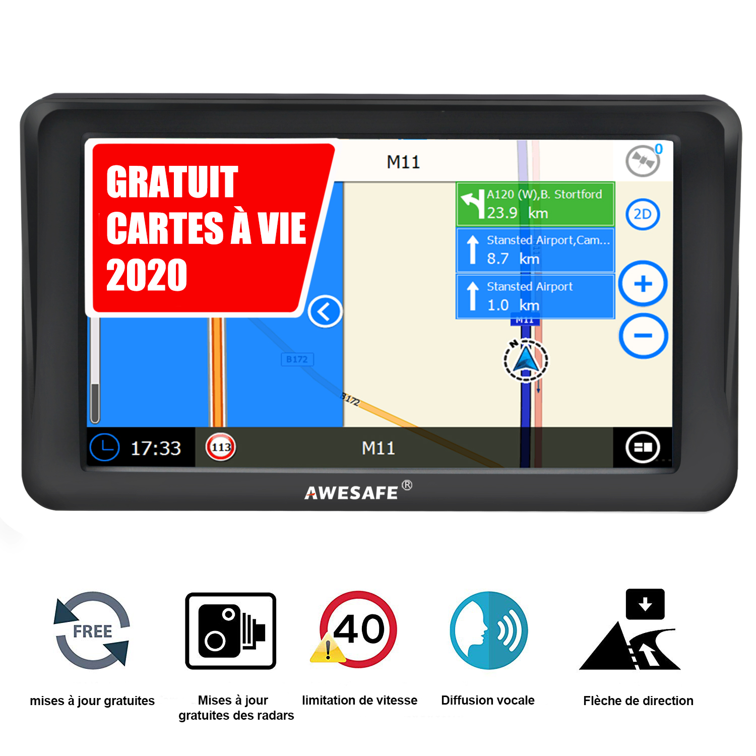 GPS Voiture Europe 7 Pouces Système de Navigation Automatique à Ecran Tactile Cartographie Europe 58 à Vie Mises à Jour gratuites de la Carte à Vie 