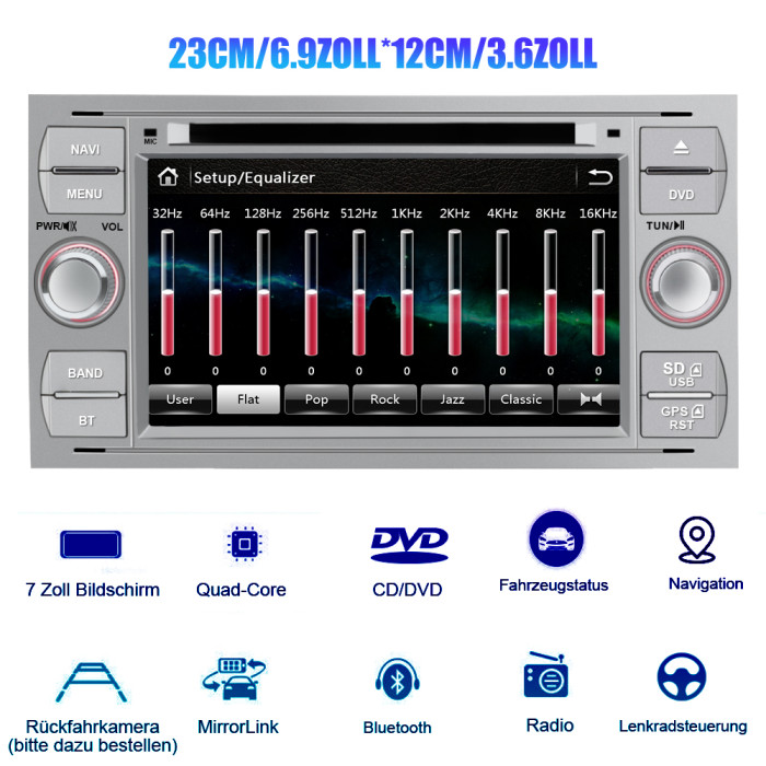 € 179.00 - Autoradio mit Navi für Ford Focus, unterstützt Bluetooth  Lenkradbedienung Mirrorlink CD DVD Doppel Din Radio 7 Zoll Bildschirm -  Silber - de.awesafeshop.com