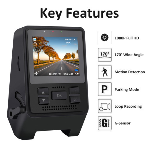 Dash Camera for Cars 1080P Full HD Dash Cam Super Night Vision, 170° Wide Angle, Motion Detection, Parking Monitoring, G-Sensor, Loop Recording