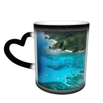 NC Ceramic Photo Coffee Mugs,Okinawa Prefecture Beach Sea High Aerial Beauty Coastal Feature Coastline Space Coral,Custom Picture Mug Magic Heat Sensitive Color Changing Mug Milk Tea Cup Personalize