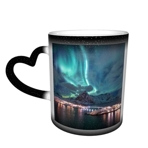NC Ceramic Photo Coffee Mugs,Alaska State Arctic Astronomy Aurora Borealis Beach Canada Temperature Finland Finnish Lapland,Custom Picture Mug Magic Heat Sensitive Color Changing Mug Milk Tea Cup Pe