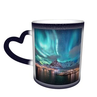 NC Ceramic Photo Coffee Mugs,Alaska State Arctic Astronomy Aurora Borealis Beach Canada Temperature Finland Finnish Lapland,Custom Picture Mug Magic Heat Sensitive Color Changing Mug Milk Tea Cup Pe