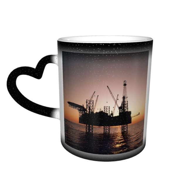 NC Ceramic Photo Coffee Mugs,Offshore Platform Silhouette Sea Night Sunset Building Exterior Space Fossil Fuel Power,Custom Picture Mug Magic Heat Sensitive Color Changing Mug Milk Tea Cup Personali