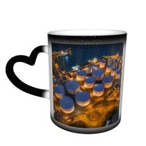 NC Ceramic Photo Coffee Mugs,Oil Tanker Aerial Directly Above Hong Kong Refinery Air Pollution Anchor Vessel,Custom Picture Mug Magic Heat Sensitive Color Changing Mug Milk Tea Cup Personalized Gift