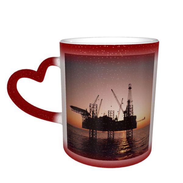 NC Ceramic Photo Coffee Mugs,Offshore Platform Silhouette Sea Night Sunset Building Exterior Space Fossil Fuel Power,Custom Picture Mug Magic Heat Sensitive Color Changing Mug Milk Tea Cup Personali