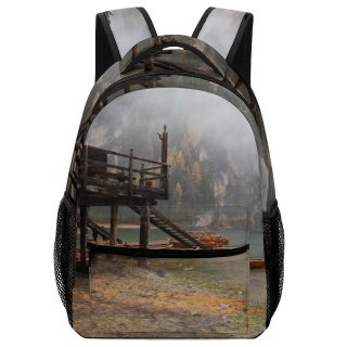 NC Children's Backpack Boats Coniferous Picturesque Serene Fog Rural Scenery Placid Hazy Mountains Daytime Preschool Nursery Travel Bag