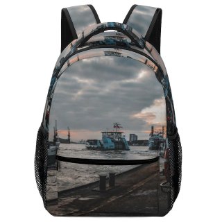 NC Children's Backpack Boats Coast Docked Clouds Port Sunset Daylight Pier Marina Clock Watercrafts Old Preschool Nursery Travel Bag