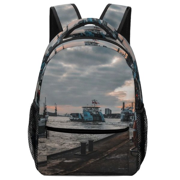 NC Children's Backpack Boats Coast Docked Clouds Port Sunset Daylight Pier Marina Clock Watercrafts Old Preschool Nursery Travel Bag