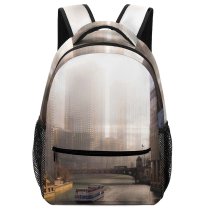 NC Children's Backpack Boat Urban Fog River City Foggy Watercraft Buildings Downtown Architecture Preschool Nursery Travel Bag