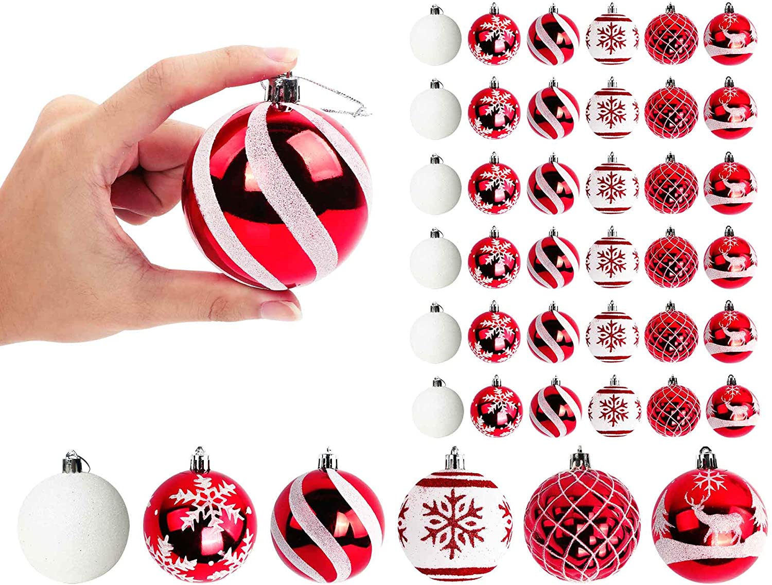 Sea Team 50-Pack Assorted Shatterproof Christmas Ball Ornaments Set Decorative Baubles Pendants with Premium Gift Wrapping Ribbon for Xmas Tree Red