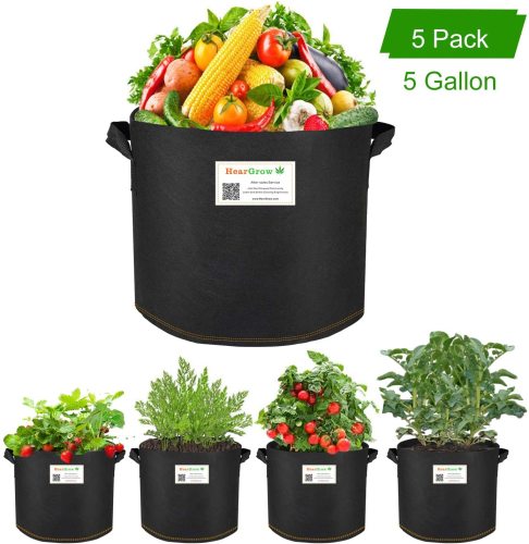 5 Pack 5 Gallon Grow Bags, Aeration Fabric Pots with Handles, Durable Thickened Non-Woven Fabric Pots Plant Grow Bags for Nursery Garden Home Vegetable, Fruit-HearGrow