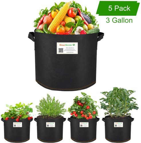 5 Pack 3 Gallon Grow Bags, Aeration Fabric Pots with Handles, Durable Thickened Non-Woven Fabric Pots Plant Grow Bags for Nursery Garden Home Vegetable, Fruit-HearGrow