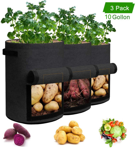 3 Pack 10 Gallon Potato Grow Bags Planting Pouch Fabric Pots Premium Breathable Cloth Bags for Potato/Plant Container with Handles and Velcro Window - HearGrow