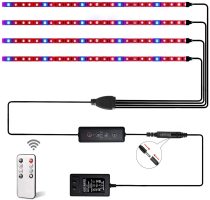 LED Grow Light Strips,4 Pcs 1.64 ft 24W Plant Growing Light Strips with 120 LEDs,3 Switch Modes,10 Dimmable Levels,Adhesive Red Blue Spectrum Light Strips,3/9/12H Auto ON/Off Timer for Indoor Plant