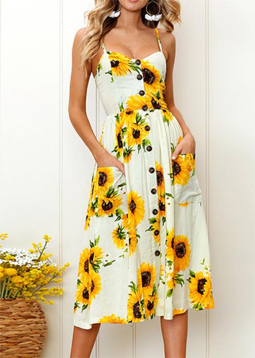 button sunflower print midi dress