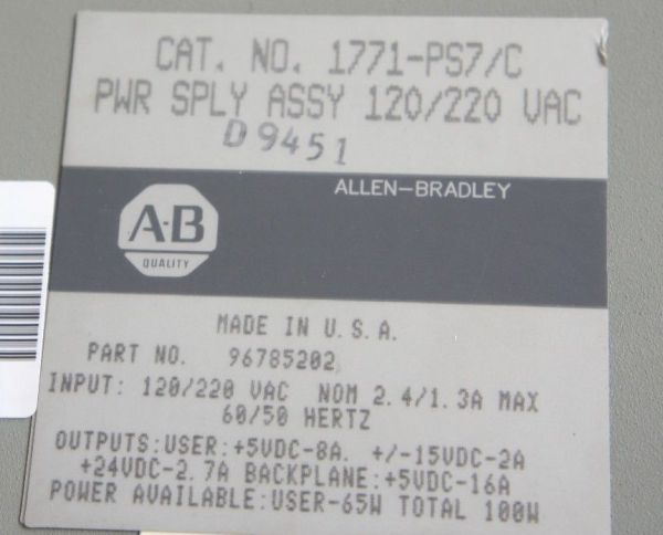 Allen Bradley 1771-PS7  POWER SUPPLY ASSEMBLY